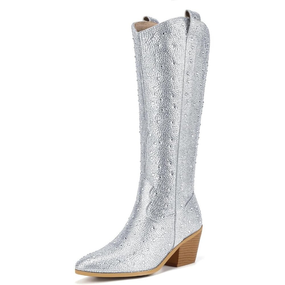 Women's Rhinestone Cowboy Boots Knee High Western Cowgirl Boots Pointed Toe